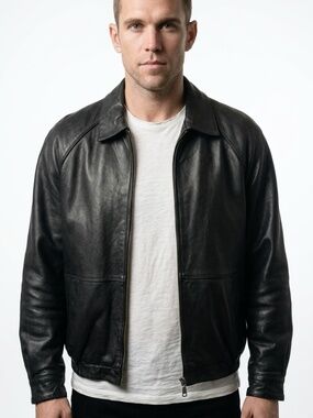 KASPER • Men’s Black Genuine Leather Bomber Jacket Zip Out Liner Large